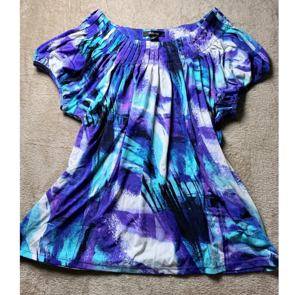 Style & Co Womens XL Abstract Pleated Scoop Neck Top y2K Artsy